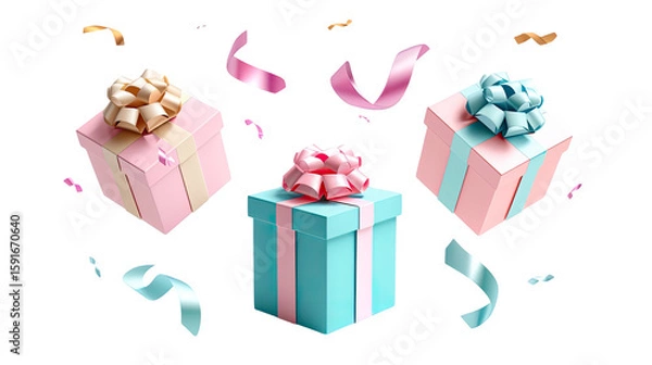 Fototapeta Des cadeaux de couleurs avec des confetti sur fond transparent