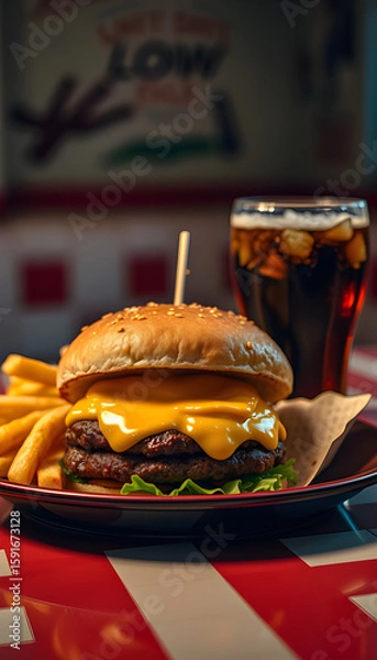 Fototapeta Cheeseburger With Fries And Cola On Classic Diner Table