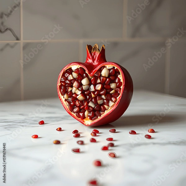 Fototapeta Pomegranate Cut In Heart Shape On Marble With Seed Trail