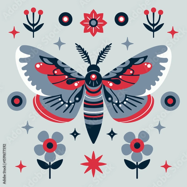 Fototapeta Whimsical Butterfly with Floral and Geometric Patterns in Red, Blue, Black, and White Color Palette