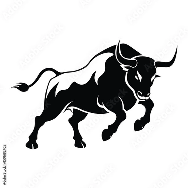 Obraz Intense black bull silhouette charging, symbolizing power and aggression. Ideal for logos, tattoos, or prints with a bold, minimalist vector style.