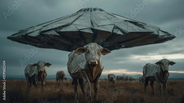 Fototapeta Origami Cows Under a Mysterious UFO