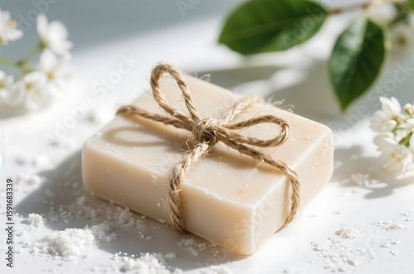 Fototapeta Bar of Soap with Jute Cord and White Flowers