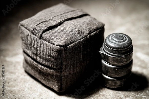 Fototapeta Dark, still life of a  heavy canvas cube with metal discs
