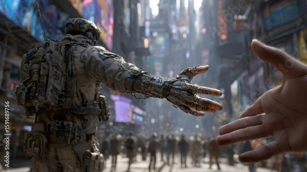 Fototapeta Futuristic Encounter in a Cyberpunk World