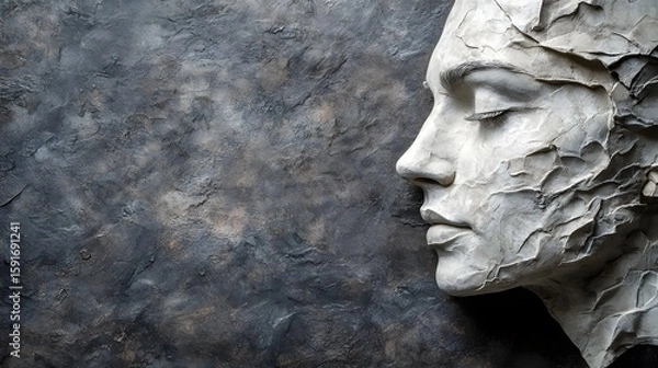 Obraz Elegant white plaster sculpture of a serene human face with closed eyes, detailed facial features, and textured layered hair against a dark, textured stone background