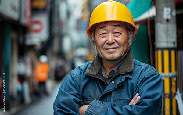 Obraz Portrait of smiling senior construction worker in city street. Skilled labor and dignity of work concept.