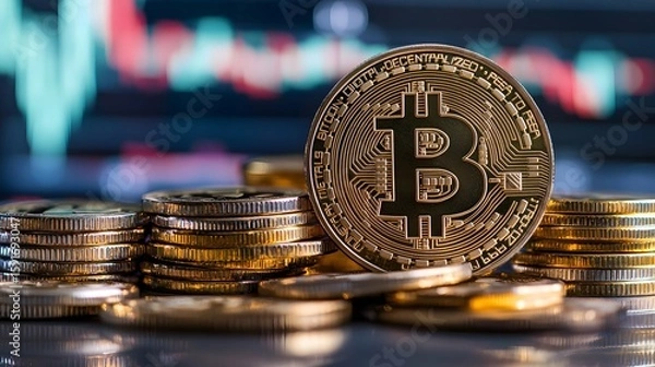 Fototapeta Golden Bitcoin coin standing upright amidst stacked silver and gold coins on a reflective surface with a blurred colorful background, symbolizing cryptocurrency, digital finance, and online investment