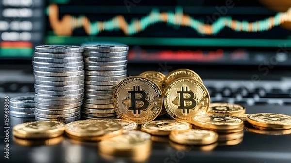 Fototapeta Stacks of silver and gold bitcoin coins with financial chart background representing cryptocurrency trading and digital asset investment