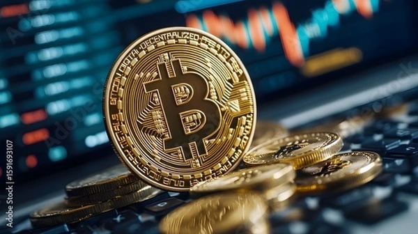 Fototapeta Close-up of a shiny gold Bitcoin coin standing on a computer keyboard with digital stock market charts blurred in the background, symbolizing cryptocurrency trading and digital finance