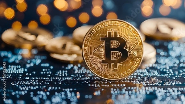 Fototapeta Golden Bitcoin coin standing upright among scattered coins on a reflective surface with bokeh lights in the background, emphasizing cryptocurrency, digital finance, blockchain technology, and