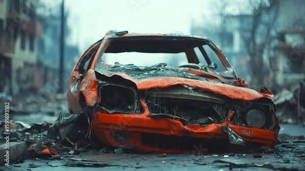 Fototapeta Damaged and burned-out red car wreck in an urban disaster zone with debris, smoke, and destruction surrounding the vehicle after an accident or fire