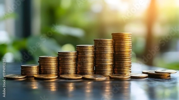 Fototapeta Stacked gold coins increasing in height representing financial growth and wealth with blurred green background and sunlight for investment success and economic prosperity