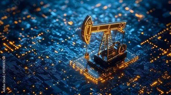 Fototapeta Futuristic digital illustration of an oil pumpjack with glowing neon lights and circuit board background, highlighting energy, technology, and innovation in a high-tech environment