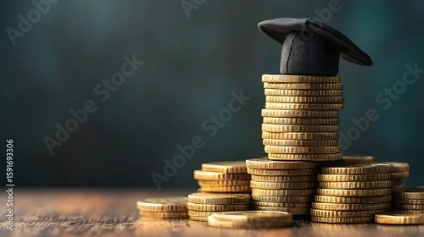 Fototapeta Stack of gold coins with a graduation cap on top symbolizing financial success, education investment, and academic achievement with a blurred dark background