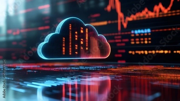 Fototapeta Digital Cloud Computing Icon with Data Visualization and Network Elements in a Futuristic Data Center Environment