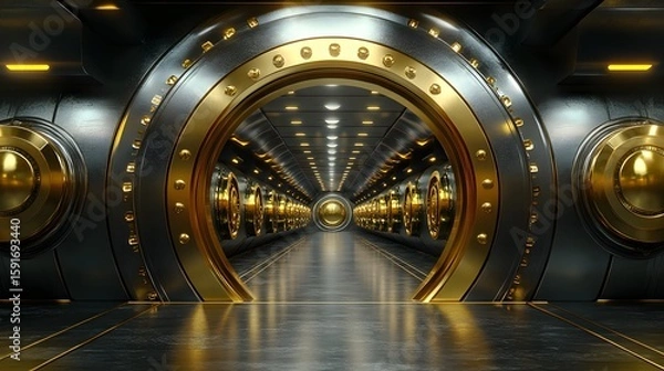 Fototapeta Futuristic high-security vault with large circular door, illuminated metallic surfaces, and luxury interior design featuring gold accents and advanced technology elements