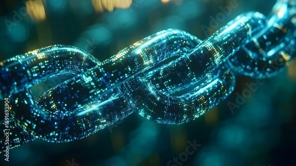 Fototapeta Close-up of a digitally rendered DNA double helix strand illuminated with glowing blue and gold lights in a high-tech science concept