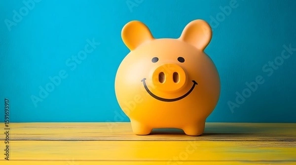 Fototapeta Yellow piggy bank with a smiling face on a vibrant blue background, symbolizing savings and financial security, placed on a wooden surface with cheerful and bright colors