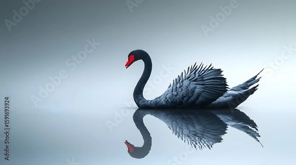 Fototapeta Elegant black swan with red beak gracefully gliding on calm water surface, reflected perfectly in smooth water, minimalist scene with soft gradient background, serene nature landscape