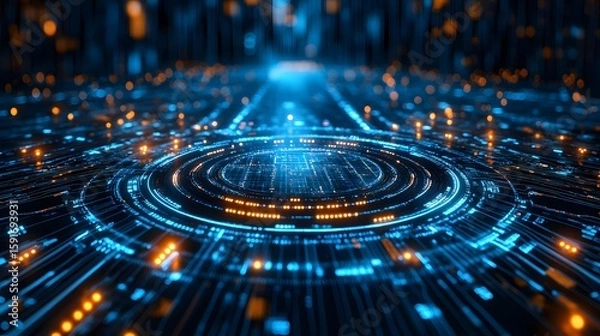Fototapeta Futuristic digital technology abstract with glowing blue and orange circuitry circles and lines, representing innovation, data networks, connectivity
