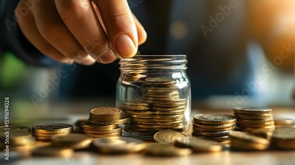 Fototapeta Close-up of a hand stacking coins into a glass jar with additional coins scattered on a surface, symbolizing savings, financial growth, investment, money management, and wealth accumulation
