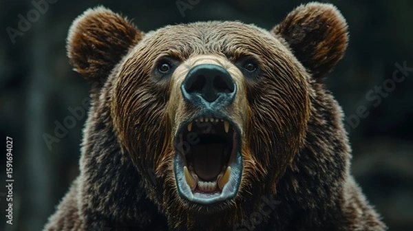 Fototapeta Close-up of a roaring brown bear with open mouth showing sharp teeth and fierce expression in a dark forest background
