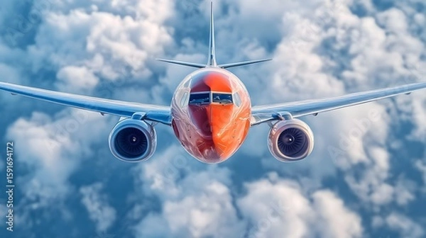 Fototapeta Modern passenger airplane flying high above fluffy clouds with sleek design and powerful engines, capturing a front view of an aircraft soaring through clear blue skies