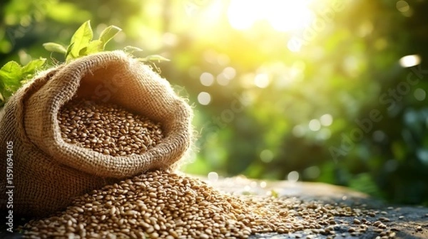 Fototapeta Sacked flax seeds spilling out on rustic wood surface in lush green sunlight with bokeh background in an agricultural or natural setting