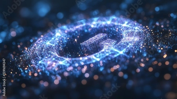 Fototapeta Futuristic digital data visualization with glowing blue and purple particles forming a complex wave pattern in a dark abstract background