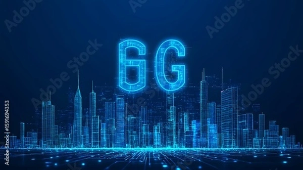 Fototapeta Futuristic digital illustration of a city skyline with glowing blue grid patterns and large illuminated 6G letters representing next-generation wireless technology in a high-tech metropolis scene