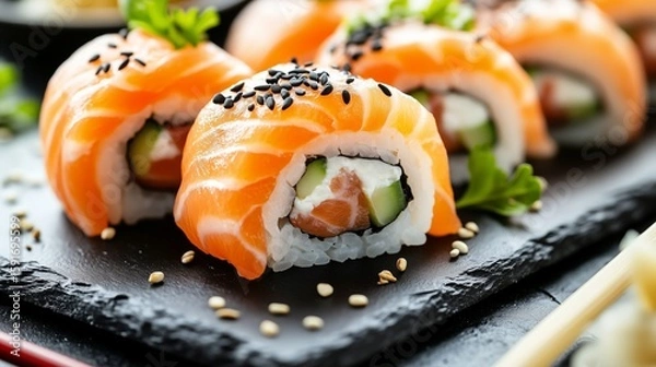 Fototapeta Close up of fresh salmon sushi rolls garnished with sesame seeds and parsley