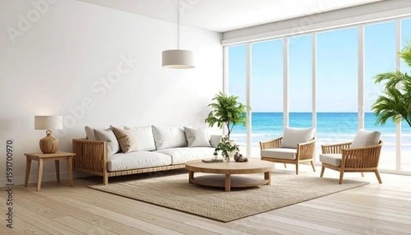 Fototapeta Coastal living room with ocean view (1)