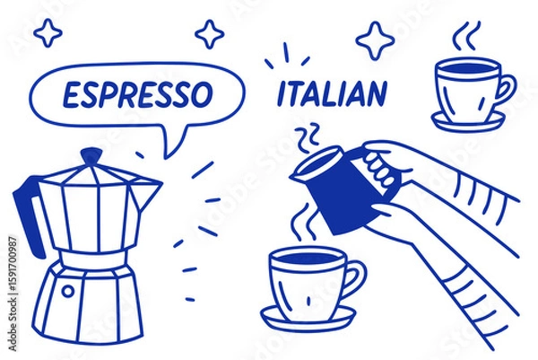 Fototapeta Italian style vacation hand drawn vector illustrations in grunge chalk charcoal rough doodle sketch style. Ink simple food coffee and lettering elements. Drawings for poster, placard or menu print.