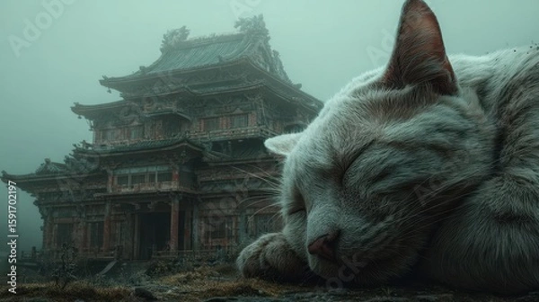Fototapeta Serene Cat Resting by Ancient Temple