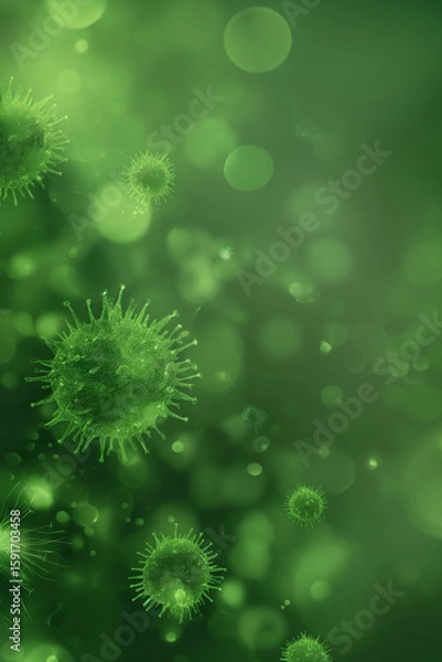 Obraz 3D green virus cells in abstract background. Microbiology and infection concept.
