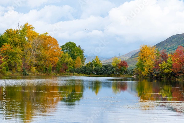 Obraz A serene lake reflects vibrant autumn trees and distant mountains under a cloudy sky, showcasing rich fall colors.