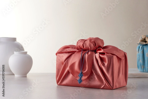 Obraz Elegant Korean table setting with traditional Korean bojagi gift wrapping for Chuseok, ceramic vase and fabric, tree branches.