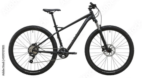 Fototapeta A brand new, sleek black mountain bike with a matte frame, knobby tires, and suspension, perfectly centered on a transparent studio background with even, diffused lighting and no shadows,