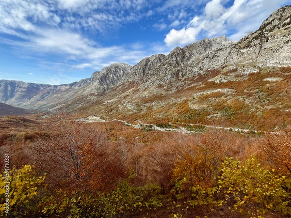 Fototapeta Scenic autumn view of the mountains and valley in Malësi e Madhe, northern Albania, with vibrant foliage and rugged peaks.