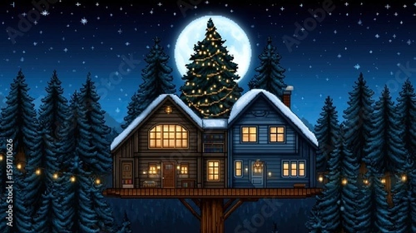Fototapeta Cozy Winter Cabin Surrounded by Snowy Pine Trees and Moonlight