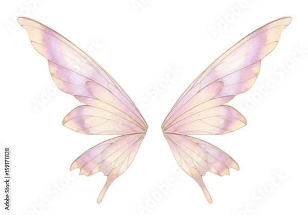 Fototapeta Delicate, translucent fairy wings with intricate veining and iridescent lavender, pastel pink, and golden yellow shimmer, gracefully suspended on a transparent background with copy space, perfect