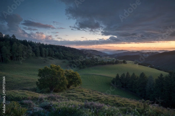 Obraz Cloud-draped hillside in after sunset