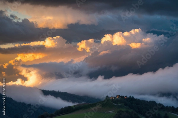 Obraz Cloud-draped hillside in under stormy clouds