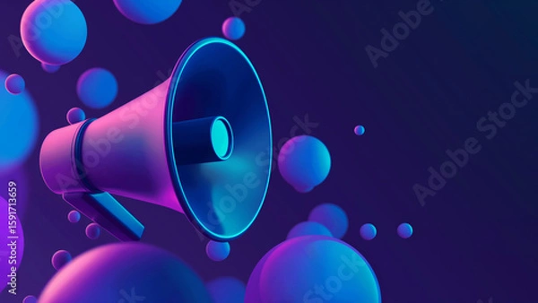 Obraz Floating megaphone surrounded by abstract 3D spheres. Communication and marketing concept.
