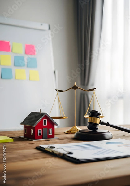 Fototapeta A wooden desk displays a model house, scales of justice, and a gavel, with colorful sticky notes on the wall in a bright office setting.