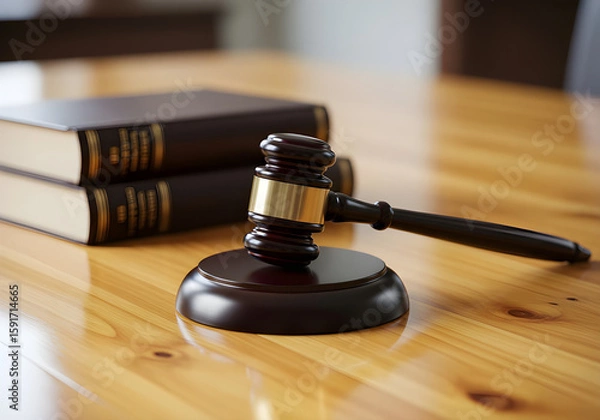 Fototapeta A wooden gavel and striking block on a polished table, with two stacked law books in the background.