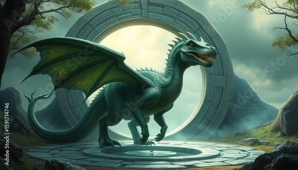 Fototapeta Fantasy hybrid dragon-dinosaur creature emerging from a portal in a stone circle in an ancient mystical land 2