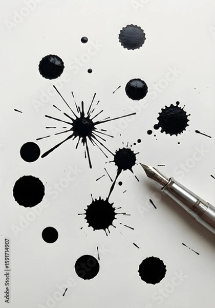 Fototapeta A silver pen rests on a white surface adorned with scattered black ink splatters and bursts, showcasing artistic ink patterns.