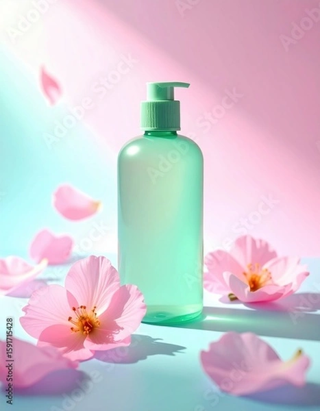 Fototapeta A green pump bottle surrounded by delicate pink flowers and petals, set against a soft pastel background with gentle lighting.